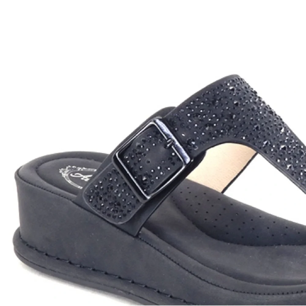 New! Italina Black Rhinestone Embellished Between The Toes Low Wedge Sandal